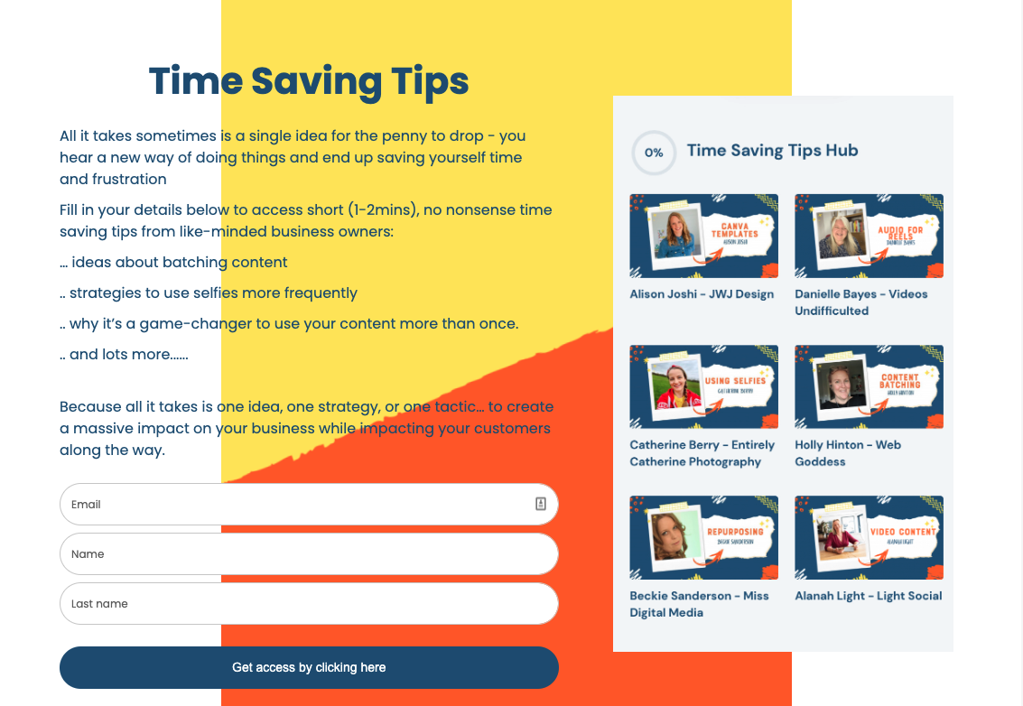 Sign up page with details about time saving tips from small businesses